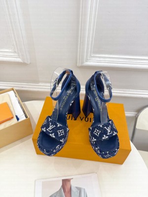 Louis Vuitton Fame Heel Platform Sandal 12cm in Monogram Jacquard Navy Blue