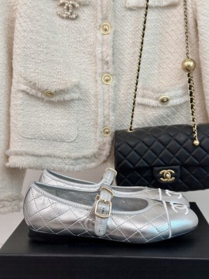 Chanel Lambskin Mary Janes Flat Ballet G45503 Silver 2024