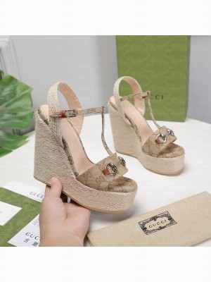 Gucci Canvas 13cm Brwon Espadrilles Wedge Sandals 2021 Collection
