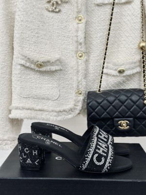 Chanel Crystals 6cm Mule Slide Sandals with Logo Band Black 2024