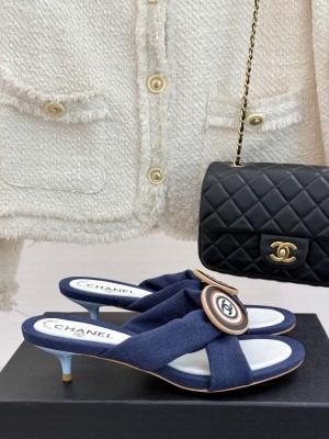 Chanel Navy blue 3.5cm Fabric CC Slide Sandals