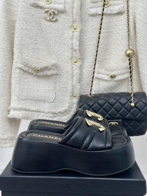 Chanel Gold CC 7CM Platform Mules Leather Silver 2024 Black