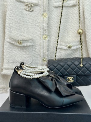 Chanel Black Calfskin 5.5cm with Maxi Bow and Pearls Ankle Boots