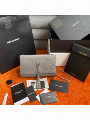 Yves Saint Laurent KATE CHAIN WALLET WITH TASSEL IN CROCODILE-EMBOSSED SHINY LEATHER 452159B GRAY