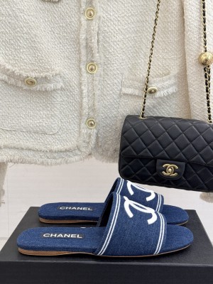 Chanel CC Logo slippers flat denim blue 2025