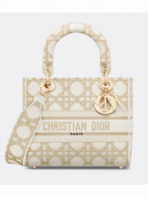 Medium Lady D-Lite Bag White and Gold-Tone Macrocannage Embroidery M0565O