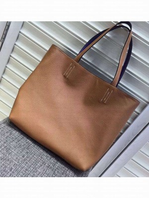 Hermes Double Sens Shopping Tote Bag In Original Togo Leather Brown/Blue