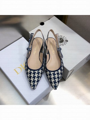 Dior J'Adior Slingback Flat in Cotton Embroidery with Micro Houndstooth Deep Blue/White 2022 Collection