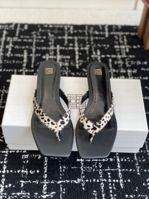 TOTEME leopard haircalf heeled flip flops
