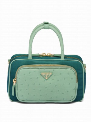Prada Re-Nylon And Ostrich Leather Two-Handle Bag Green