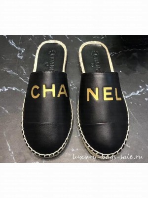 Chanel Gold Logo Espadrilles Mules Black 2019