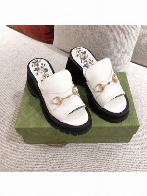 Gucci Leather Mid-heel Slide Sandal with Horsebit White 2021 05 Collection