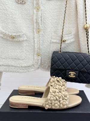 Chanel Lambskin Flat Slides Sandal with Camellia Bloom Beige 2025