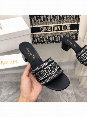 DIOR DWAY HEELED SLIDE With Blue Crystal Embroidered Cotton 2022 Collection ,Black