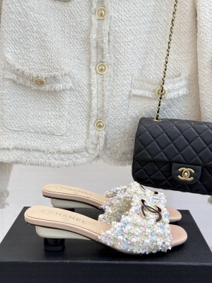 Chanel Tweed & Pearls Heel Slides Mule Beige 2025 