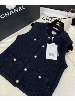 Chanel Women's Heavy Pearl Button Vest Dark Blue