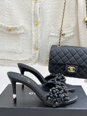 Chanel Lambskin Heel Slides Sandal 8cm with Camellia Bloom black 2025