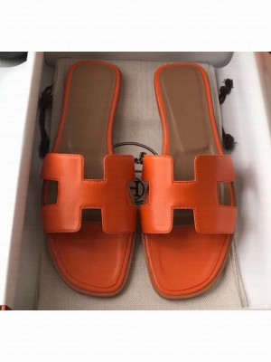 Hermes Oran Flat Slipper Sandals in Swift Box Calfskin Orange 03