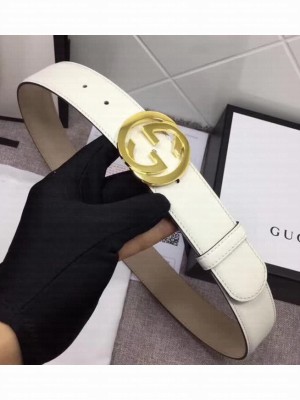 Gucci White Leather Belt with Interlocking G Buckle 370543 37MM Width Gold Hardware 2018