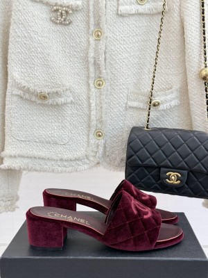 Chanel Quilted Velvet CC Logo 6cm Slide Mule Burgundy 2025