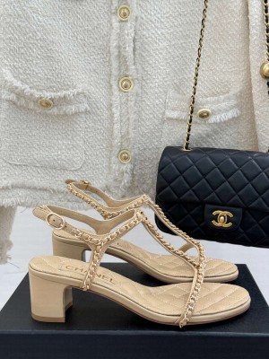 Chanel Lambskin Sandals 5cm with Chain and Heart G46109 Beige