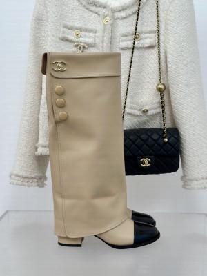 Chanel Women's Lambskin & Patent Calfskin with Buttons Beige Long Boots 2024 