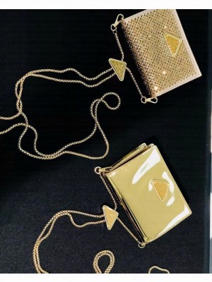 Prada brushed leather card holder with shoulder strap 1MR024 gold