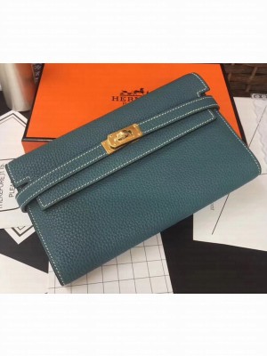 Hermes Kelly Handmade Wallet in Clemence Leather Blue