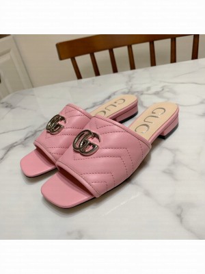 Gucci GG Marmont Leather ‎Slide Sandals Pink 2021 Collection