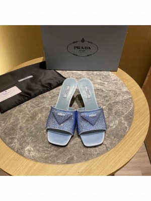 Prada 6cm Satin slides sandals With Cryscals Mule 2022 Collection,Blue