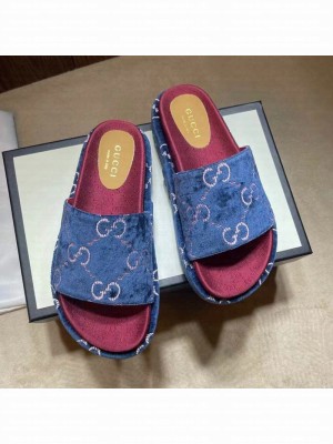 Gucci Velvet GG Platform Slide Sandal 573018 Blue 2021 Collection