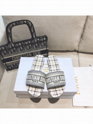 Dior Dway Flat Slide Sandals in French Grey Check'n'Dior Embroidered Cotton 2021 Collection 