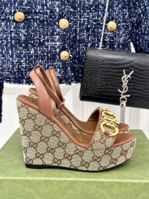Gucci Women's Canvas 12cm Horsebit Wedge Sandals Brown