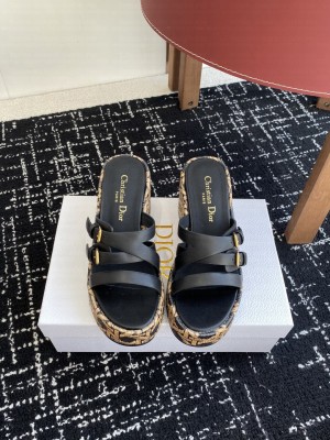 Dior L'Amazone Wedge Slide Black Calfskin and Natural Graphic Cannage Raffia