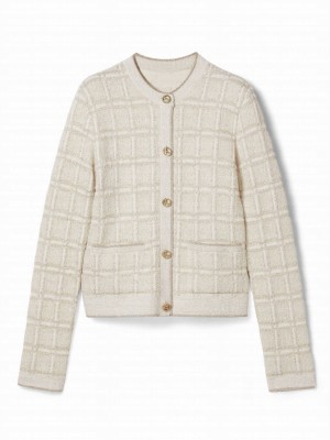 Gucci Women's Wool And Lame Check Jacquard Cardigan Cream