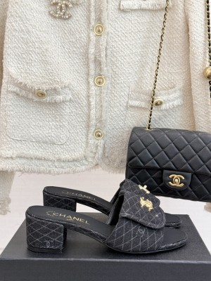 Chanel Quilted Denim Heel Slides Sandal 5cm with Foldover G45474 Black 2025