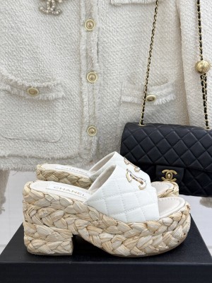 Chanel cotton platform double C slipper white heel 8cm 2025