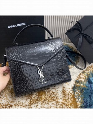 SAINT LAURENT CASSANDRA MEDIUM TOP HANDLE BAG IN CROCODILE-EMBOSSED SHINY LEATHER 623931 BLACK