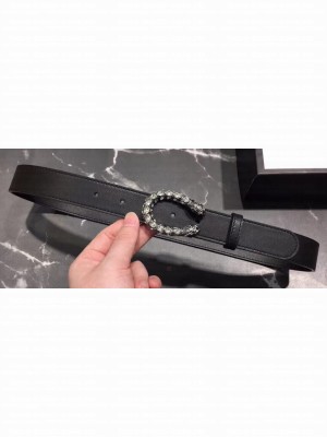 Gucci Width 3cm Leather Belt Black with White Crystal Dionysus Buckle
