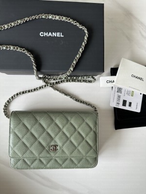 Chanel Caviar Leather & Silver-Tone Metal Wallet On Chain WOC Bag A33814 Green