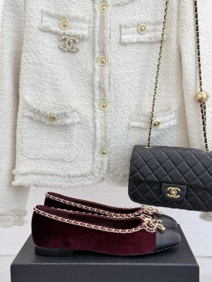Chanel Velvet Ballet Flats with Chain Bow Burgundy 2025