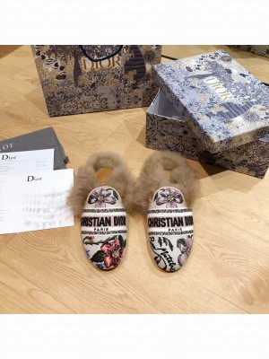 DIOR OFF MULE Multicolor Embroidered Cotton Fur Flat Slippers 03