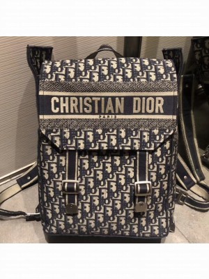 Dior Oblique Embroidered Canvas Backpack Bag Blue 2019