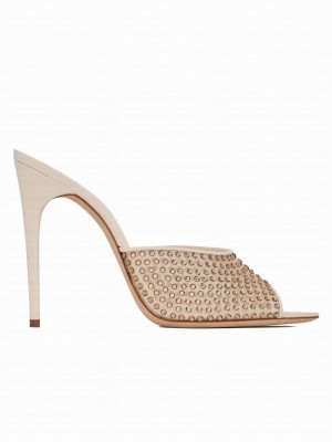 Saint Laurent Women's Blonde Mules In Rhinestones Mesh Cream