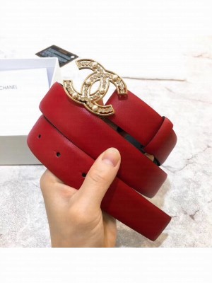 Chanel Width 3cm Calfskin Belt With Crystal Pearl CC Buckle Red 2020 Collection