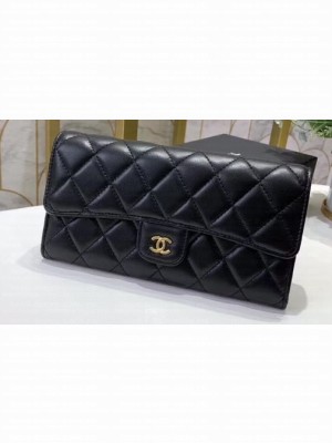 Chanel Classic Long Flap Wallet 30077 Lambskin Black/Gold