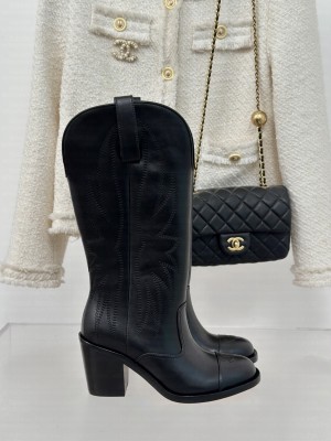 Chanel Calfskin Embroidery 7cm High Heel Boots Black 2024 