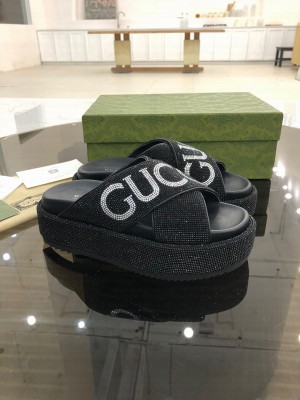 GUCCI CRISS-CROSS STRAPS GG SLIDE SANDALS WITH DIAMONDS BLACK 2021 Collection