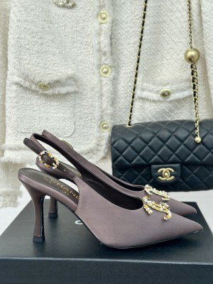Chanel Satin Slingback Heel 7cm Pumps Coffee