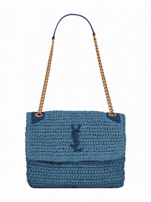 Saint Laurent Niki Medium Chain Bag In Raffia And Leather Blue